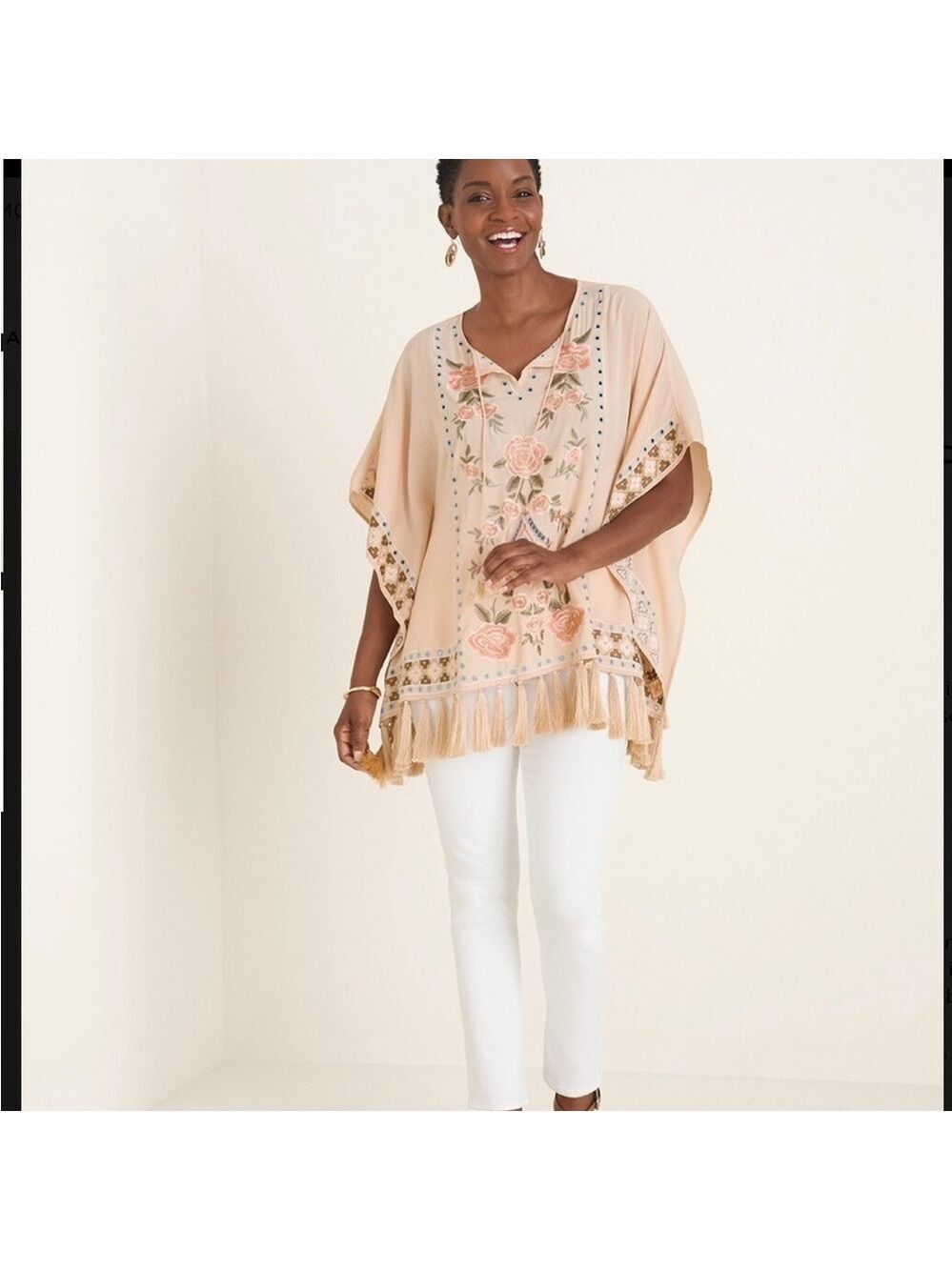 Chico’s Embroidered Poncho-Style Top, S/M, Tan background, Colorful & Fu…